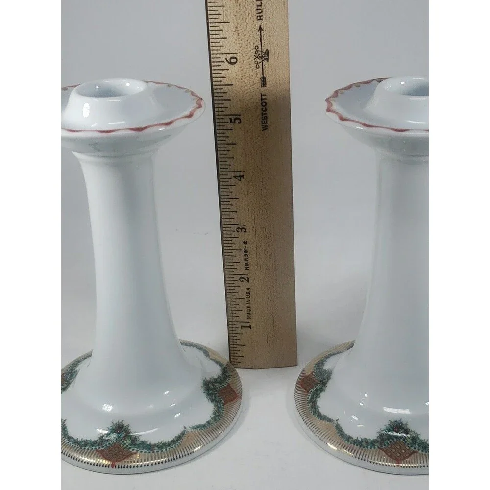 Vintage Royal Copenhagen Christmas Joy Candlesticks 503 Holly Garland Gold Trim